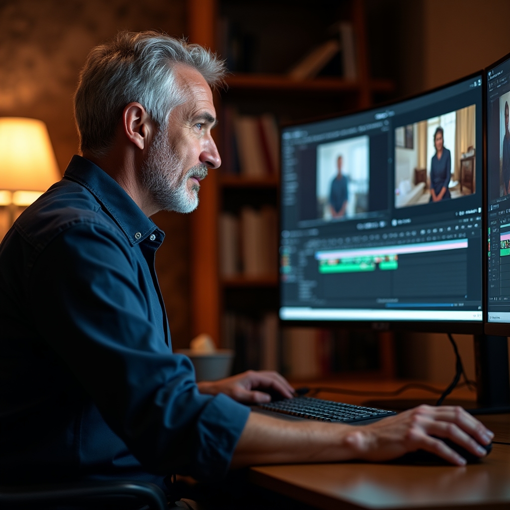 James Calloway, recorded content coach, reviewing footage on a laptop at a well-organized desk